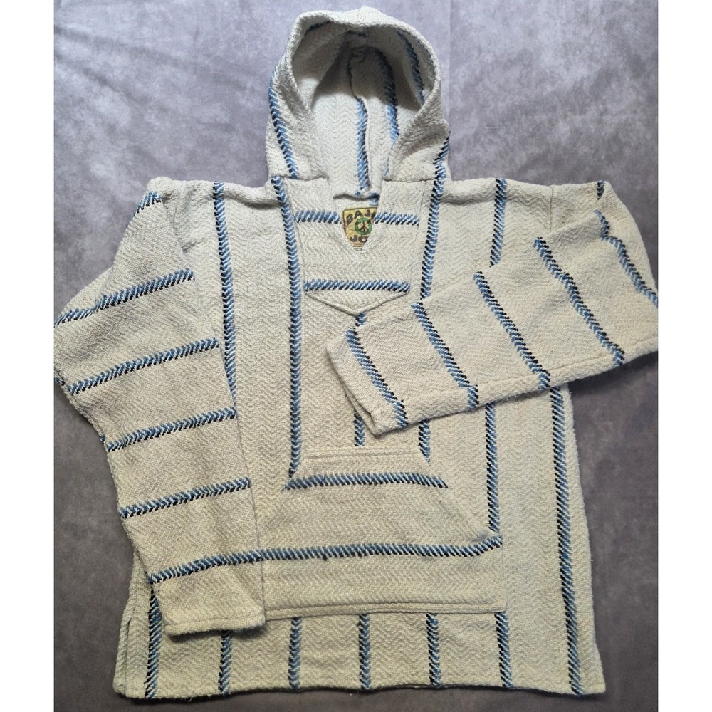 Baja Joe Mexican Hoodie Mens Medium Cream Striped Pullover Hippie Boho Vtg